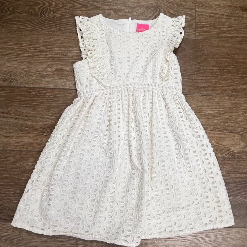 Lilly Pulitzer Girls Madelina Dress, Eyelet, White, Ruffle, Size 7, Preppy